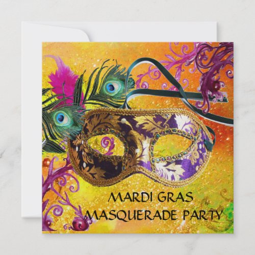 GOLD PURPLE DAMASK FEATHER MASK Masquerade Party Invitation