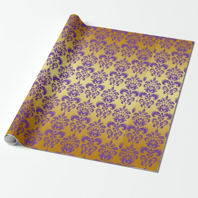 Gold, Purple Damask Pattern 2 Wrapping Paper (Unrolled)