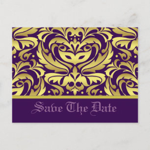 Gold & Purple Damask Scroll Save The Date Postcard