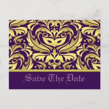 Gold & Purple Damask Scroll Save The Date Postcard by theedgeweddings at Zazzle