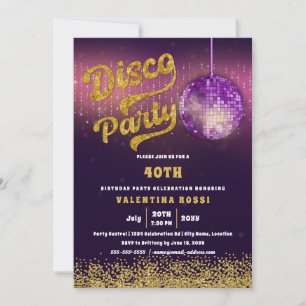 Gold Purple Disco Party Birthday Invitation