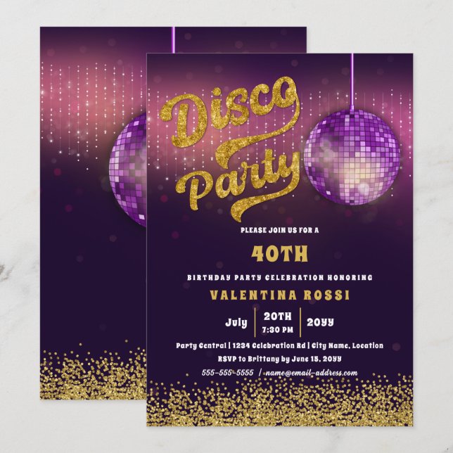 Gold Purple Disco Party Birthday Invitation (Front/Back)