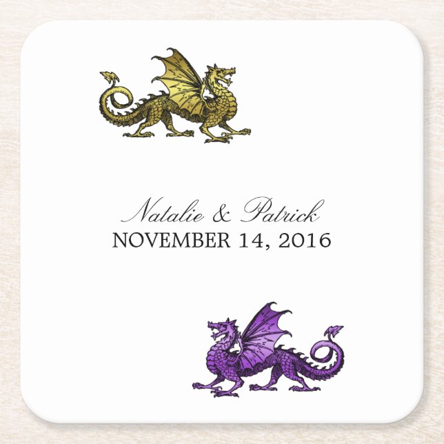 Gold Purple Dragon Wedding Paper Coasters (Front)