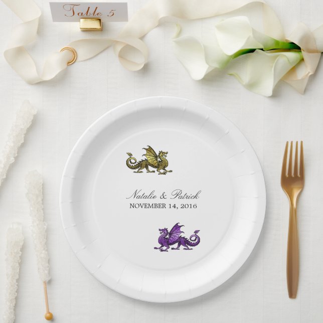 Gold Purple Dragon Wedding Paper Plates (Wedding)