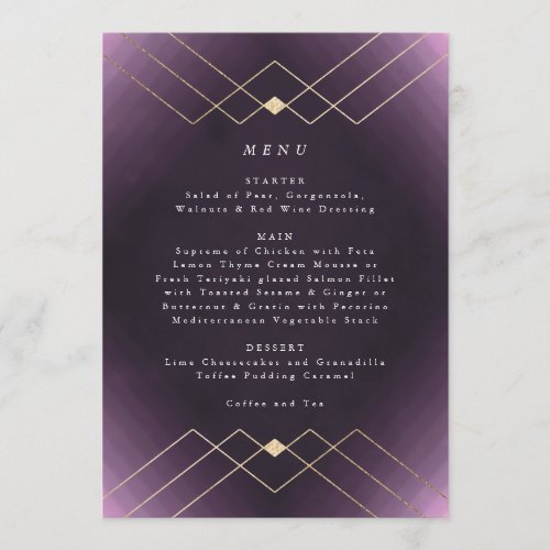 Gold Purple Elegance Diamond Geo Deco Wedding Menu