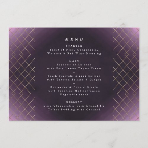 Gold Purple Elegance Diamond Geo Deco Wedding Menu