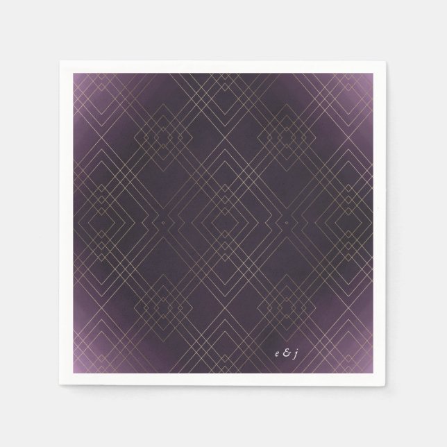 Gold Purple Elegance Diamond Geo Deco Wedding Napkins (Front)