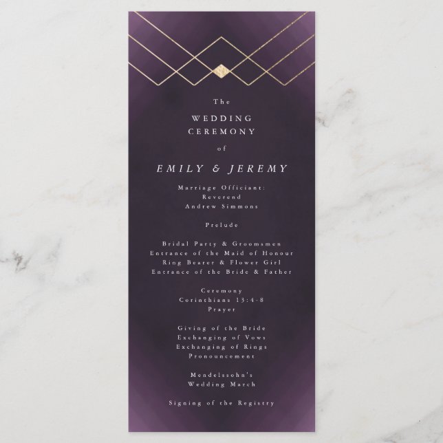 Gold Purple Elegance Diamond Geo Deco Wedding Program (Front)