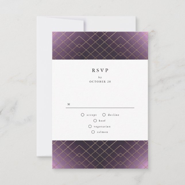 Gold Purple Elegance Diamond Geo Deco Wedding RSVP Card (Front)