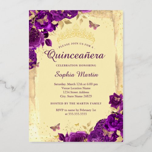 Gold Purple Elegant Floral Butterfly Quinceanera  Foil Invitation