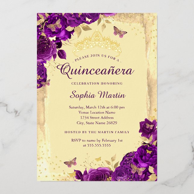 Gold Purple Elegant Floral Butterfly Quinceanera  Foil Invitation (Front)