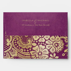 Gold purple elegant lace wedding return address envelope