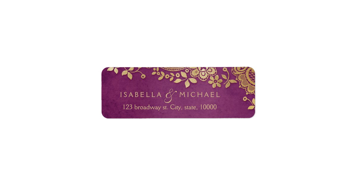 Gold purple elegant lace wedding return address label | Zazzle