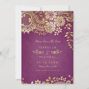 Gold purple elegant lace wedding save the date