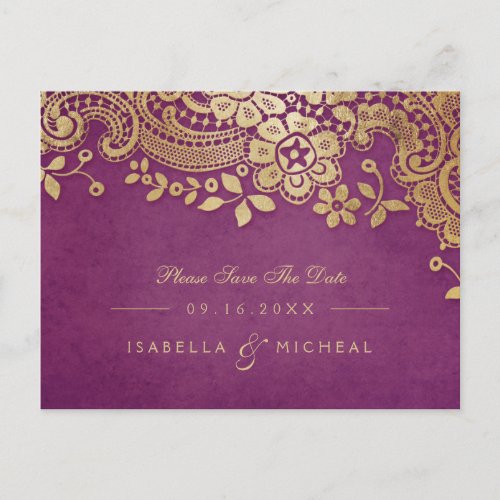Gold purple elegant lace wedding save the date announcement postcard