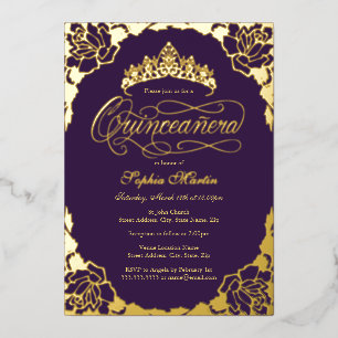 Gold Purple Elegant Script Quinceanera Birthday Foil Invitation