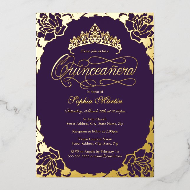 Gold Purple Elegant Script Quinceanera Birthday Foil Invitation (Front)