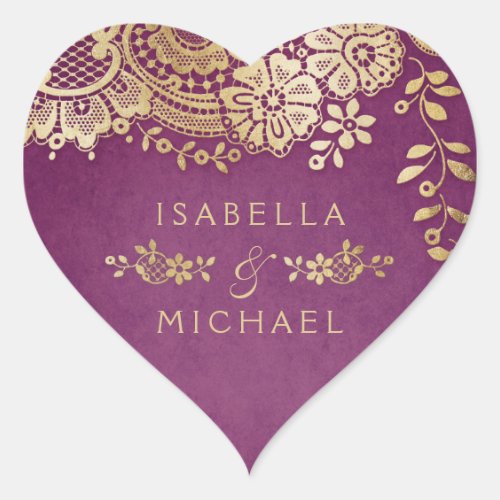 Gold purple elegant vintage lace wedding favor heart sticker