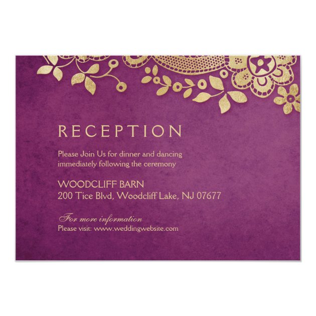 Gold Purple Elegant Vintage Lace Wedding Reception Card