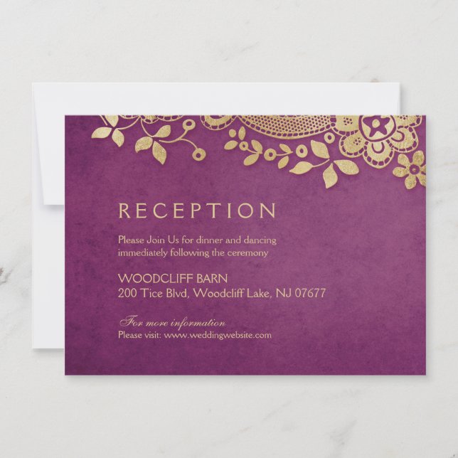 Gold purple elegant vintage lace wedding reception invitation (Front)