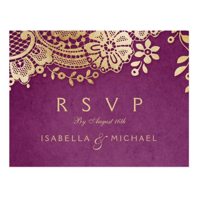 Gold Purple Elegant Vintage Lace Wedding RSVP Postcard