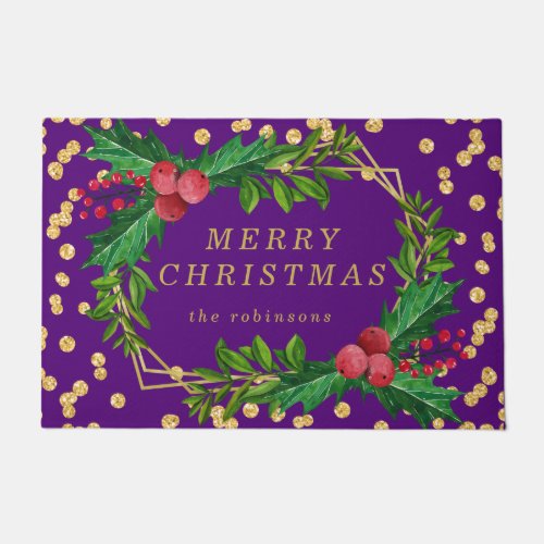 Gold Purple Family Merry Christmas Holly Glitter Doormat