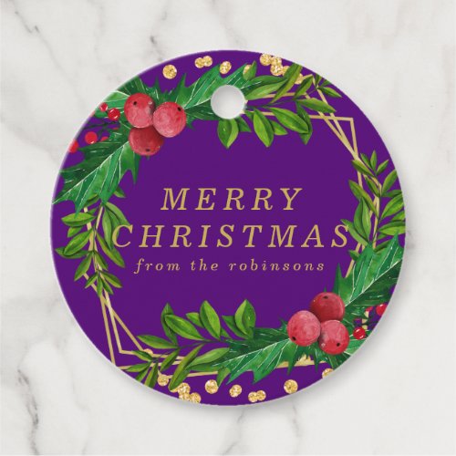 Gold Purple Family Merry Christmas Holly Glitter Favor Tags