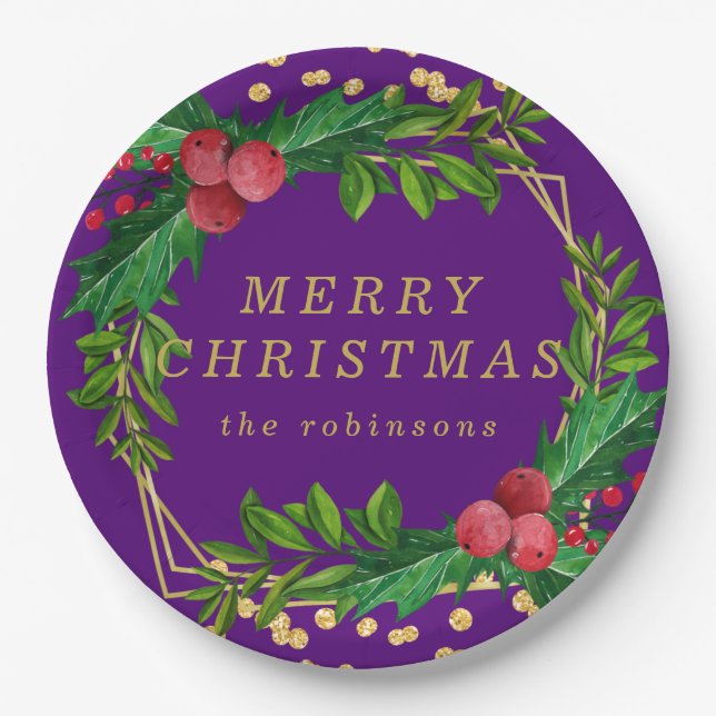 Gold Purple Family Merry Christmas Holly Glitter Paper Plates (Front)