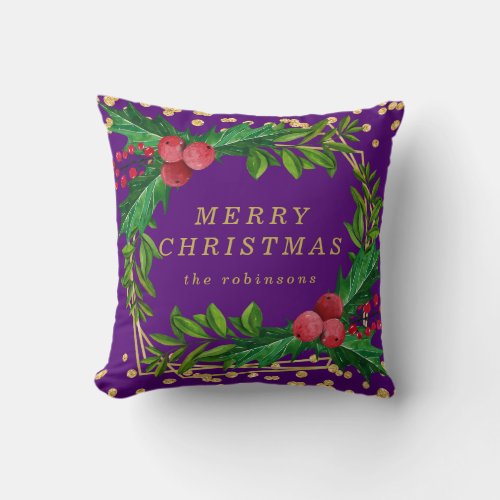 Gold Purple Family Merry Christmas Holly Glitter Throw Pillow