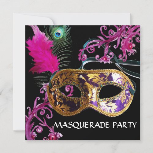 GOLD PURPLE FEATHER DAMASK  MASK Masquerade Party Invitation