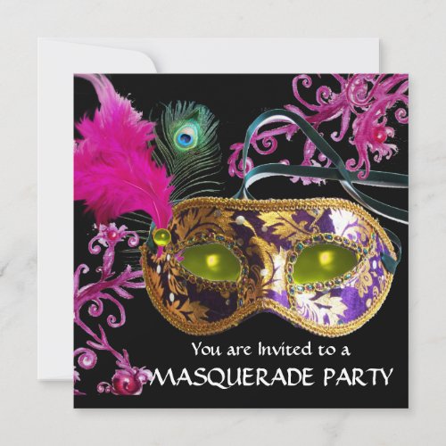 GOLD PURPLE FEATHER DAMASK  MASK Masquerade Party Invitation