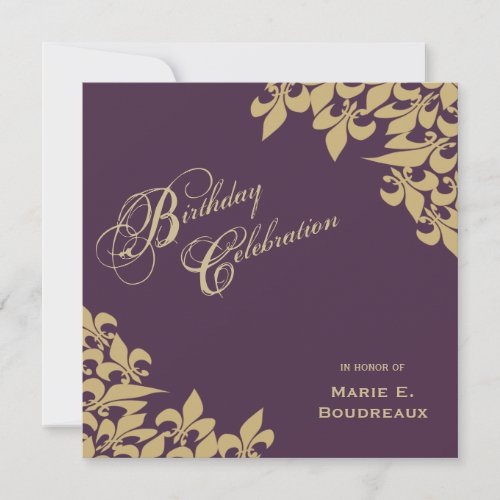 Gold Purple Fleur de Lis Milestone Birthday Party Invitation