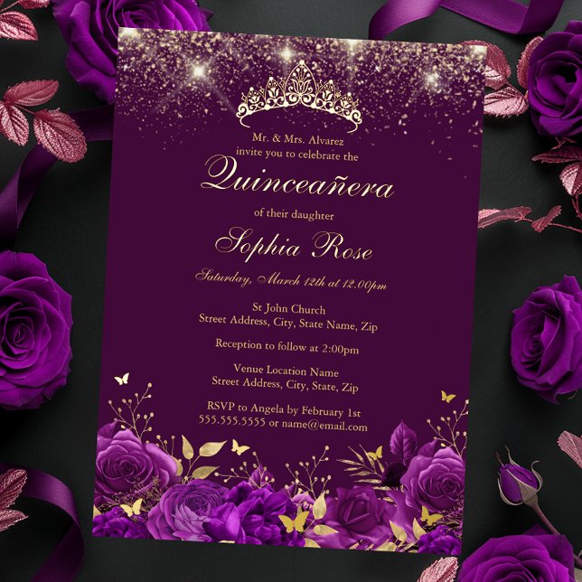 Gold Purple Floral Butterfly Tiara Quinceanera Foil Invitation (Creator Uploaded)