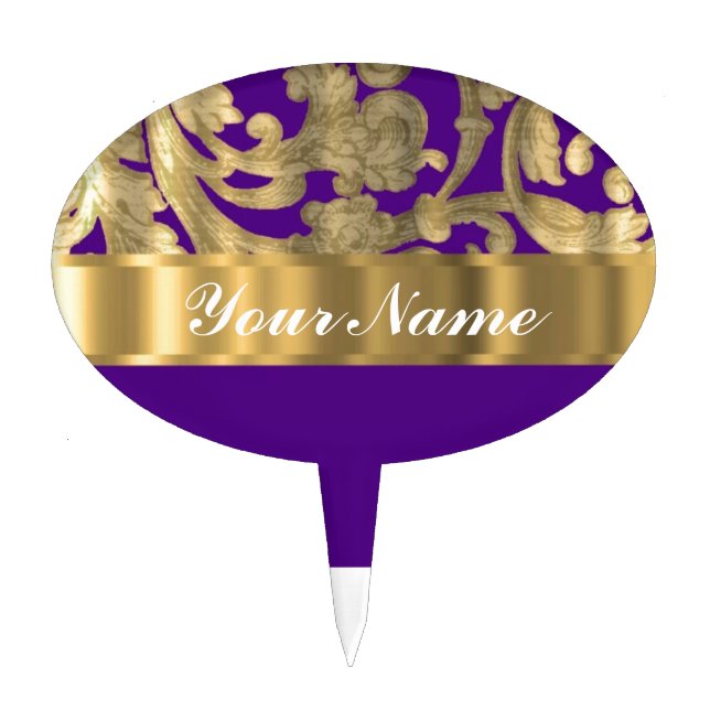 Gold & purple floral damask pattern cake topper (Front)