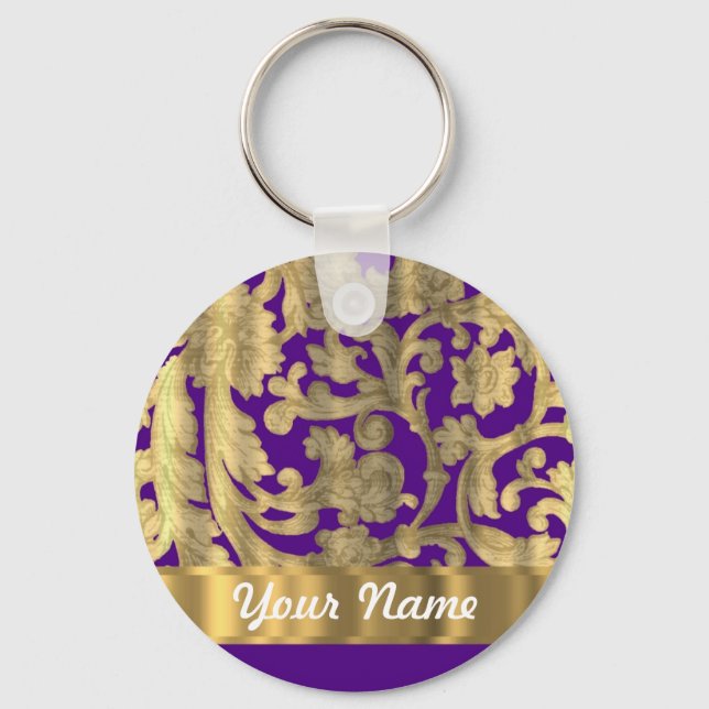 Gold & purple floral damask pattern keychain (Front)