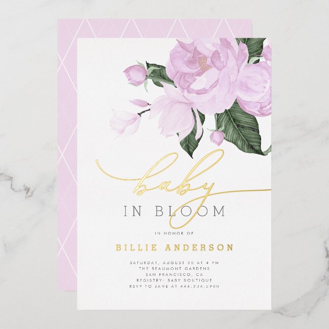 Gold Purple Floral Girl Baby in Bloom Shower Foil Invitation (Front/Back)