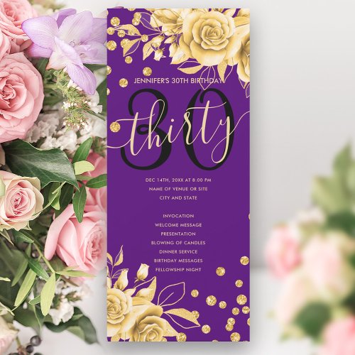 Gold Purple Floral Glitter 30th Birthday Programs