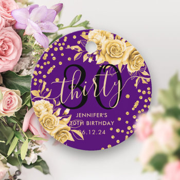 Gold Purple Floral Glitter 30th Birthday Script Favor Tags by Rewards4life at Zazzle