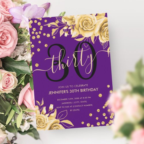 Gold Purple Floral Glitter 30th Birthday Script Invitation