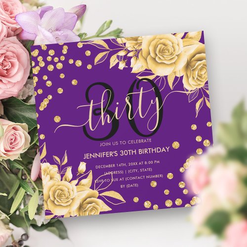 Gold Purple Floral Glitter 30th Birthday Script Invitation