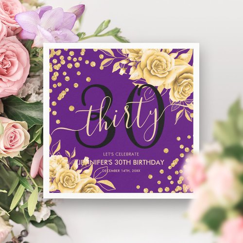 Gold Purple Floral Glitter 30th Birthday Script Napkins