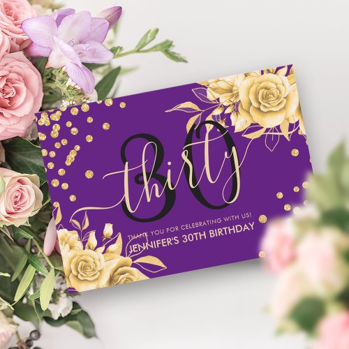 Gold Purple Floral Glitter 30th Birthday Script Thank You Card