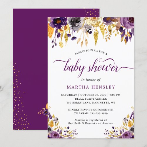 Gold Purple Floral Modern Script Girl Baby Shower Card