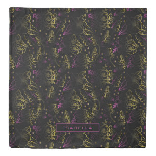 Gold purple floral pattern personalized name duvet cover
