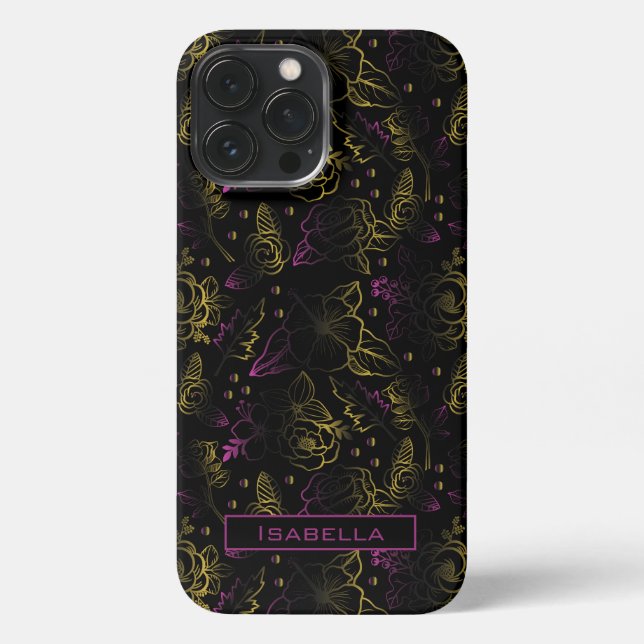 Gold purple floral pattern personalized name iPhone case (Back)