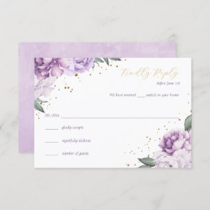 Gold Purple Floral Quinceañera Birthday RSVP Card
