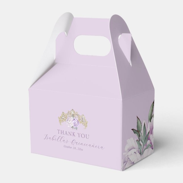 Gold Purple Floral Quinceañera Thank You Favor Boxes (Front Side)