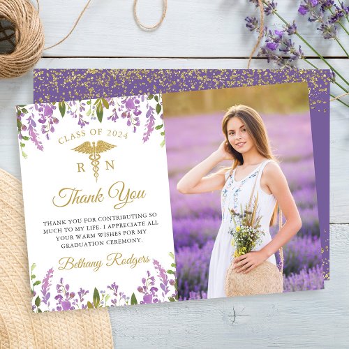 Gold Purple Floral RN Nursing Graduation Photo Thank You Card