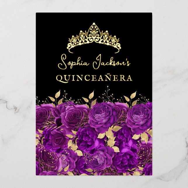 Gold Purple Floral Rose Quinceanera Foil Invitation (Front)