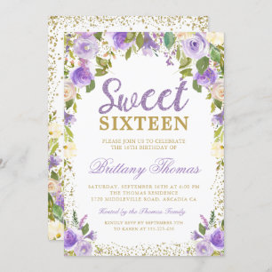 Gold Purple Floral Sweet Sixteen 16 Birthday Invitation